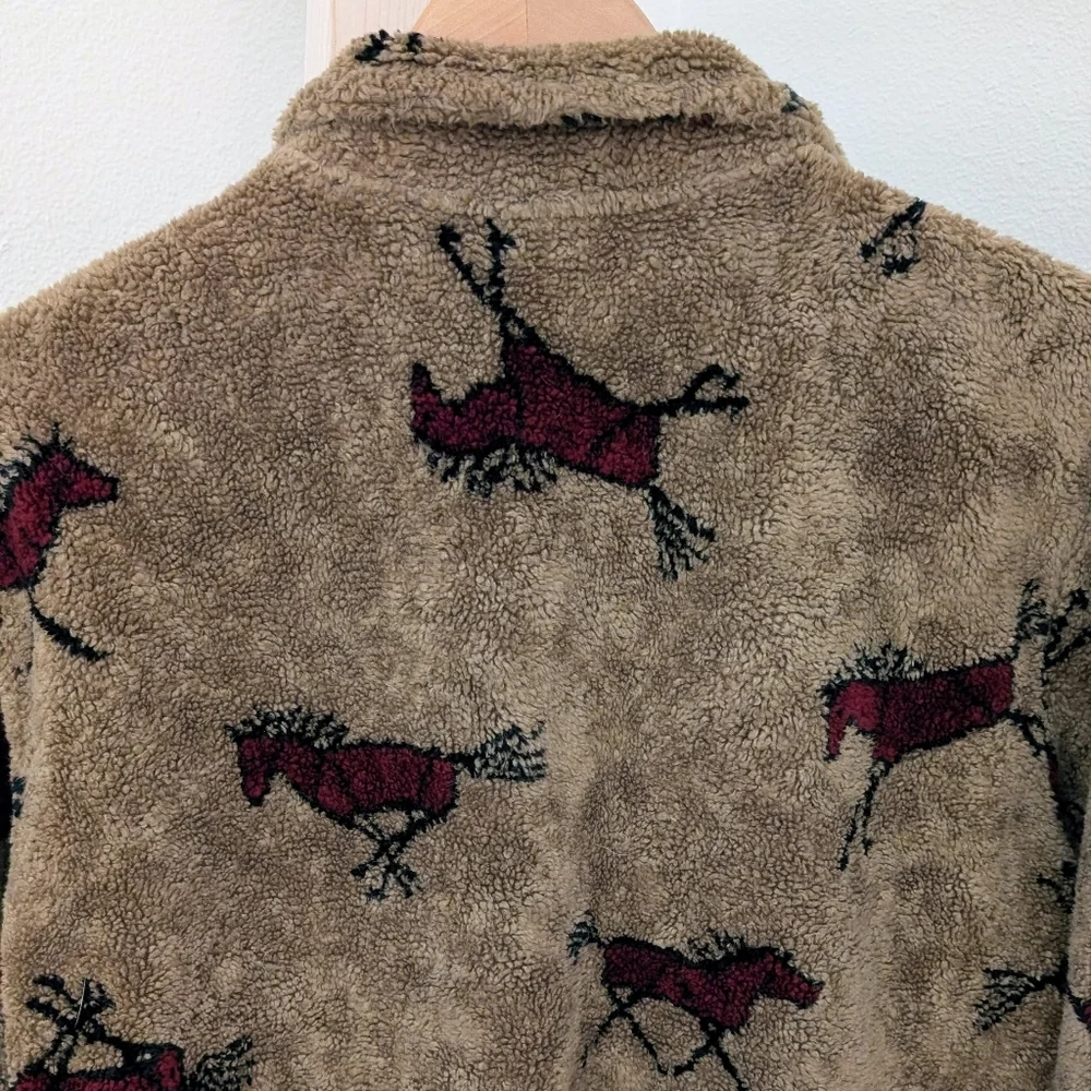 Vintage 90's Equestrian Collared Button Down Fleece Jacket In Tan/Black/Burgundy - Picture 10 of 11
